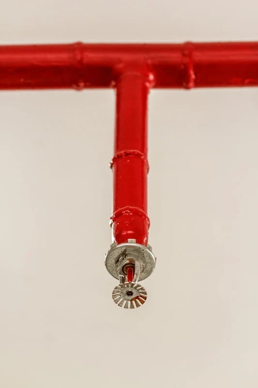 Pendent sprinkler head on a red distribution pipe, inspected for corrosion, paint and obstruction