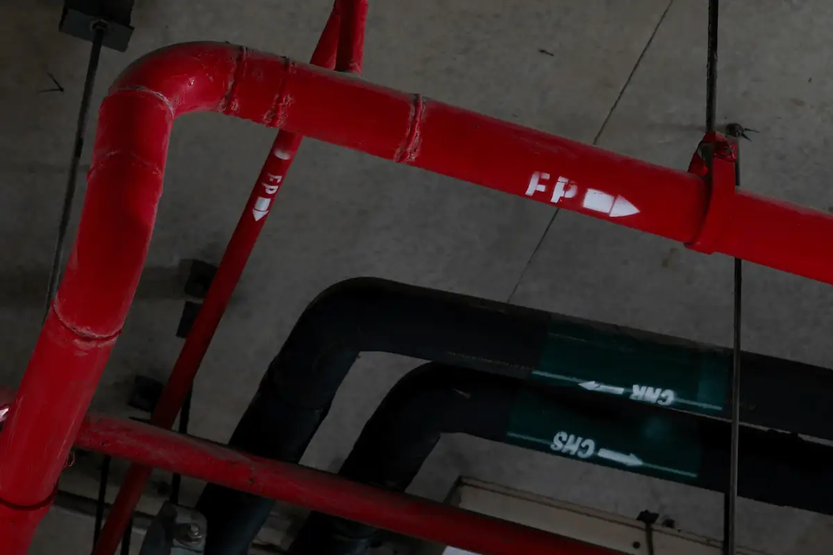 Red fire protection sprinkler pipework running beneath a concrete ceiling slab